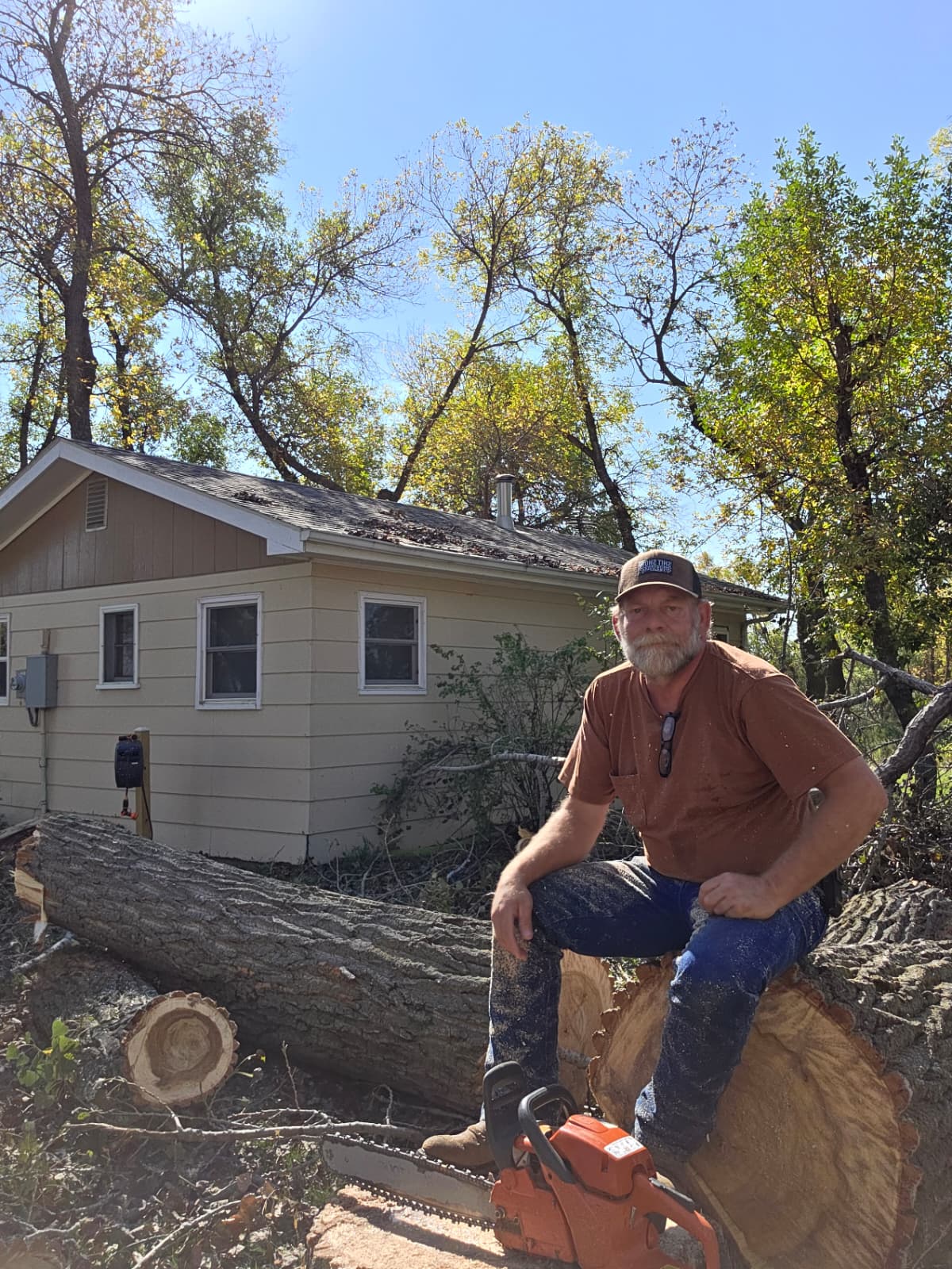 John Kugler, owner of 1 American Tree Service, on a freshly cut log